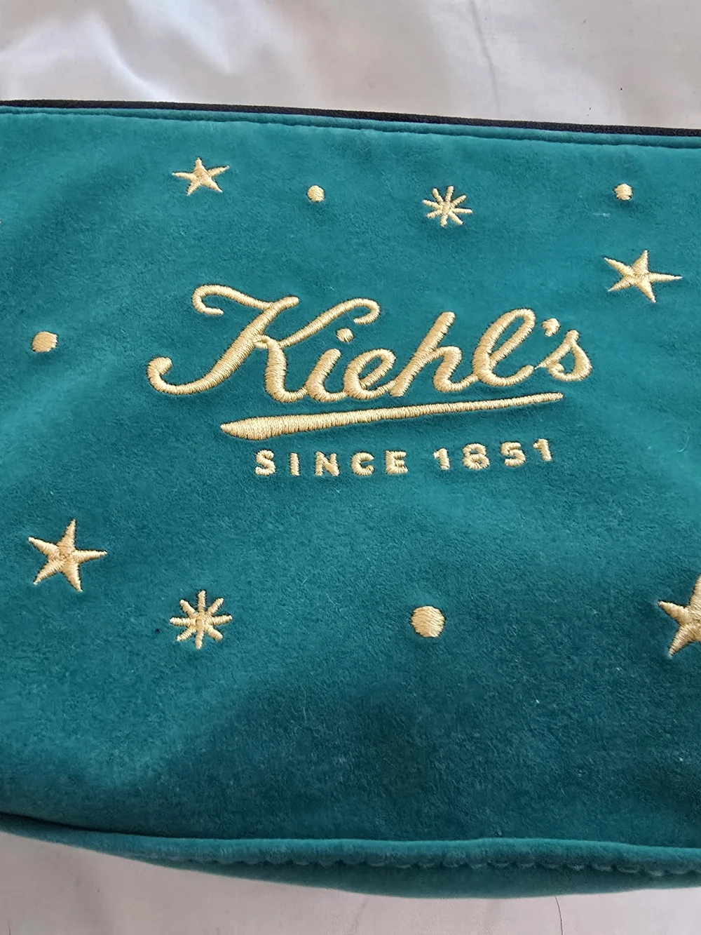 Kiehl's Teal Velvet Cosmetic Bag with Gold Embroidery